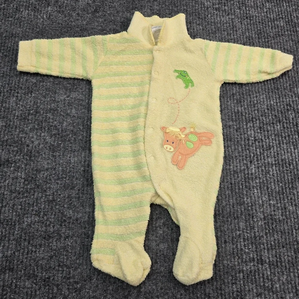 Vtg Carters Baby 0-3M Yellow Green Stripe Terrycloth Pajamas Embroidered Animals